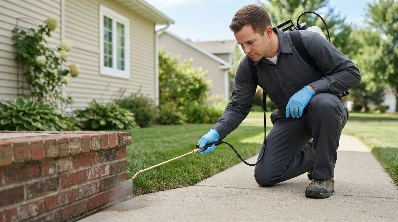 Pest control technician treating a home near Lore City, OH