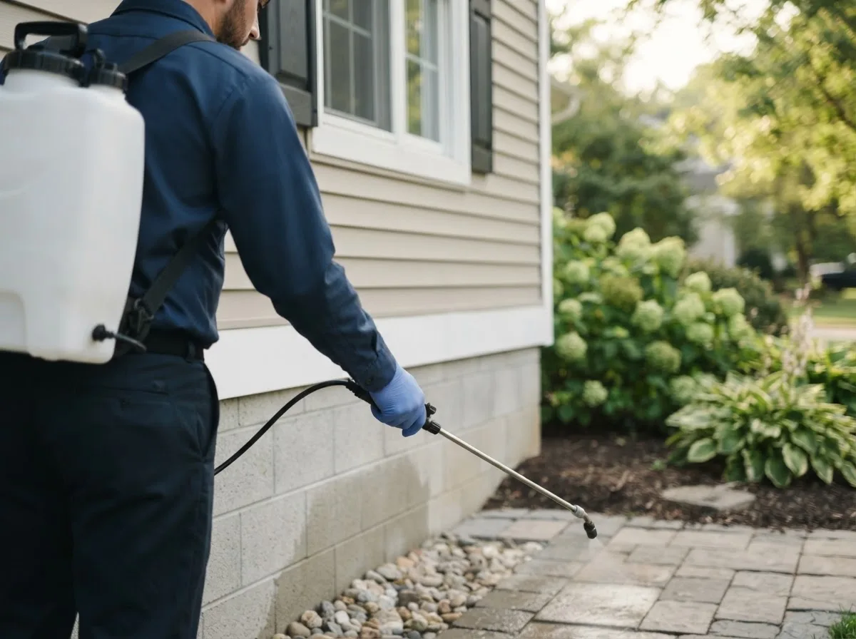 Pest control technician inspecting a home in Lore City, OH